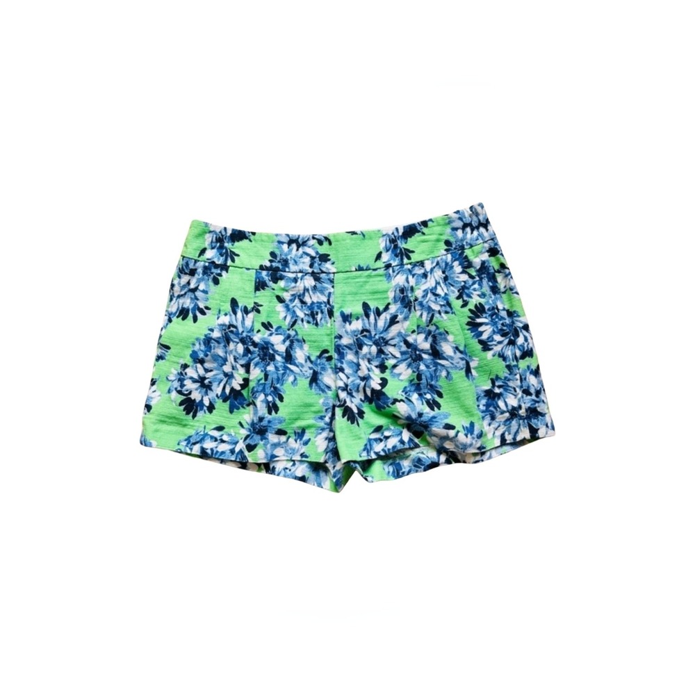 J. Crew Green Blue Floral Pleated Cotton‎ Linen Shorts High Rise Side Zip Summer